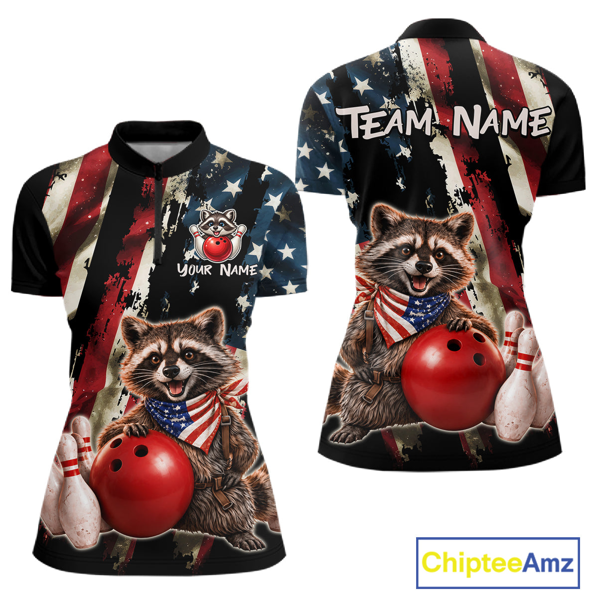 Bowling shirt with raccoon design, American flag, and 'Team Name' text on a white background.