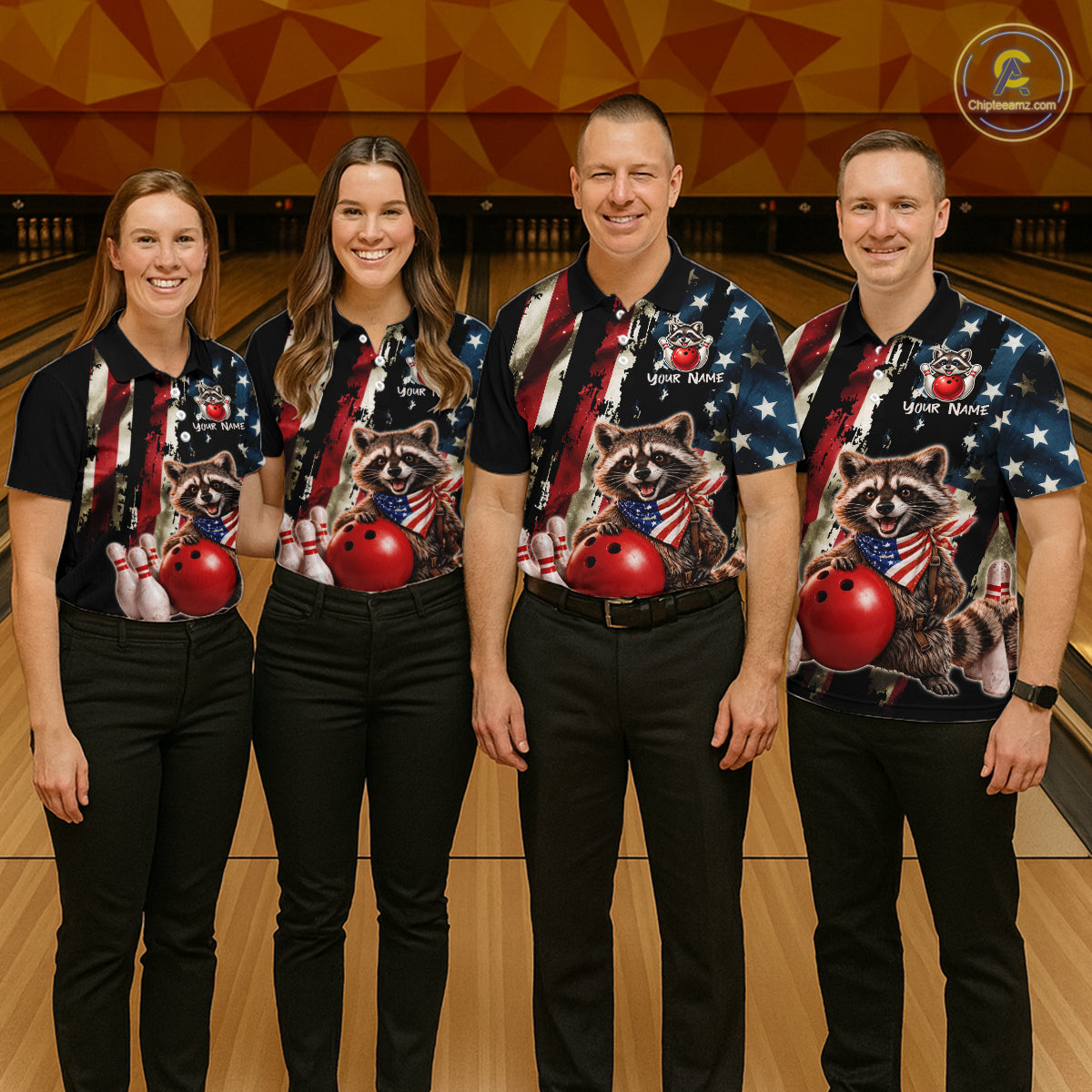 Four people wearing matching bowling shirts with raccoon and American flag designs on a bowling alley.