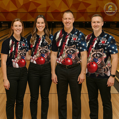 Four people wearing matching bowling shirts with raccoon and American flag designs on a bowling alley.