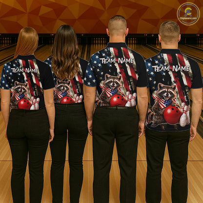 Four people wearing matching bowling shirts with team logos on a bowling alley.
