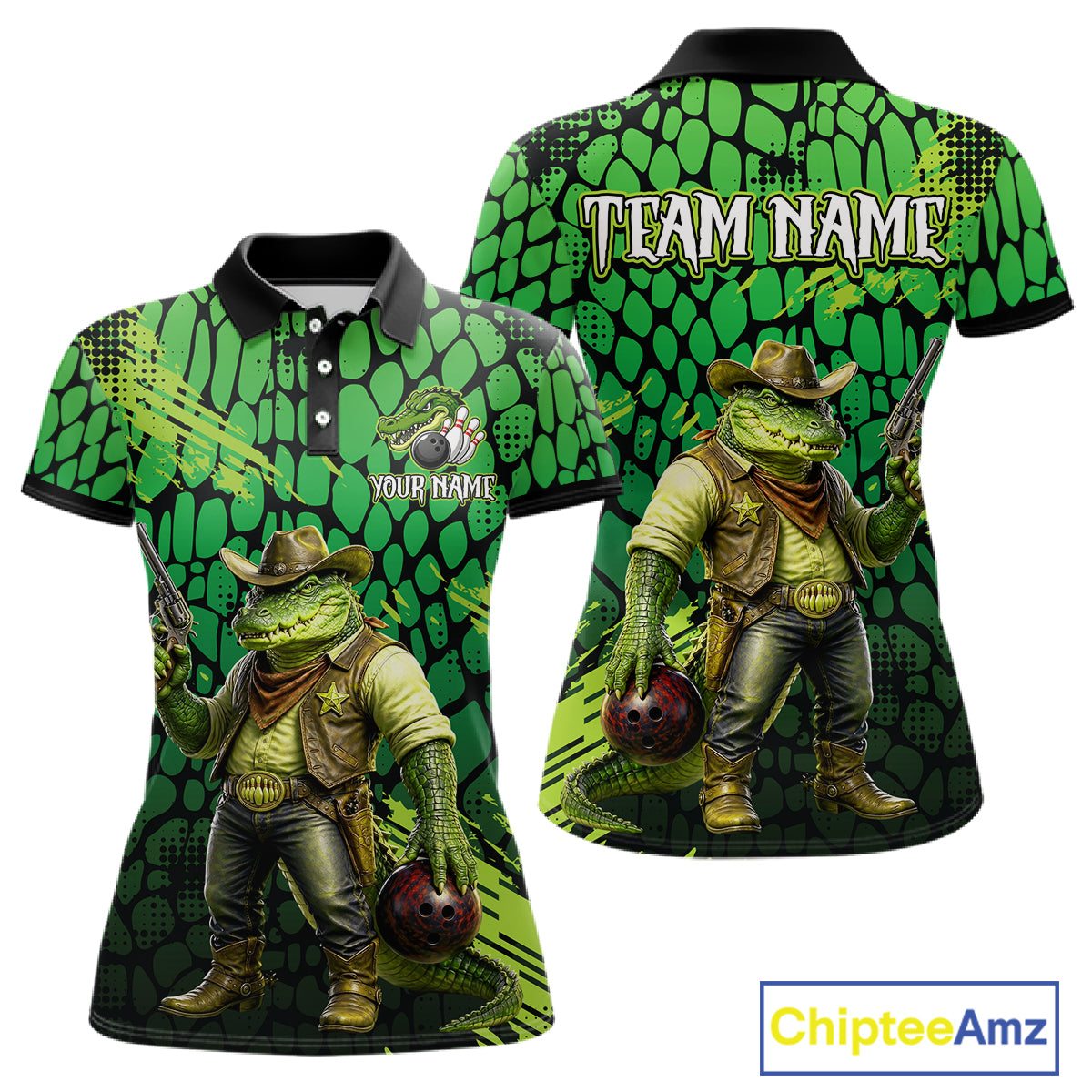Funny Green Cowboy Alliagator Bowling Shirt for Women Custom Bowling Team Jersey Polo & 1/4-Zip Bowling Outfit QZT1012