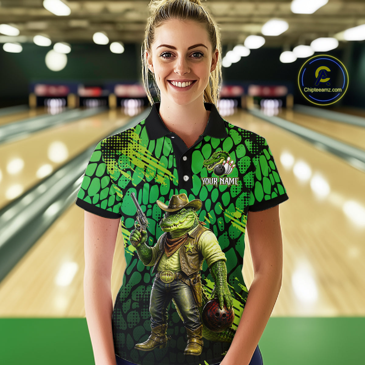 Funny Green Cowboy Alliagator Bowling Shirt for Women Custom Bowling Team Jersey Polo & 1/4-Zip Bowling Outfit QZT1012