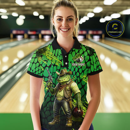 Funny Green Cowboy Alliagator Bowling Shirt for Women Custom Bowling Team Jersey Polo & 1/4-Zip Bowling Outfit QZT1012