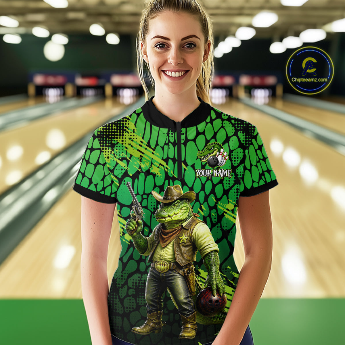 Funny Green Cowboy Alliagator Bowling Shirt for Women Custom Bowling Team Jersey Polo & 1/4-Zip Bowling Outfit QZT1012