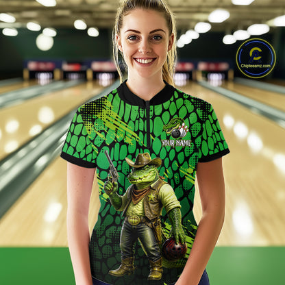 Funny Green Cowboy Alliagator Bowling Shirt for Women Custom Bowling Team Jersey Polo & 1/4-Zip Bowling Outfit QZT1012