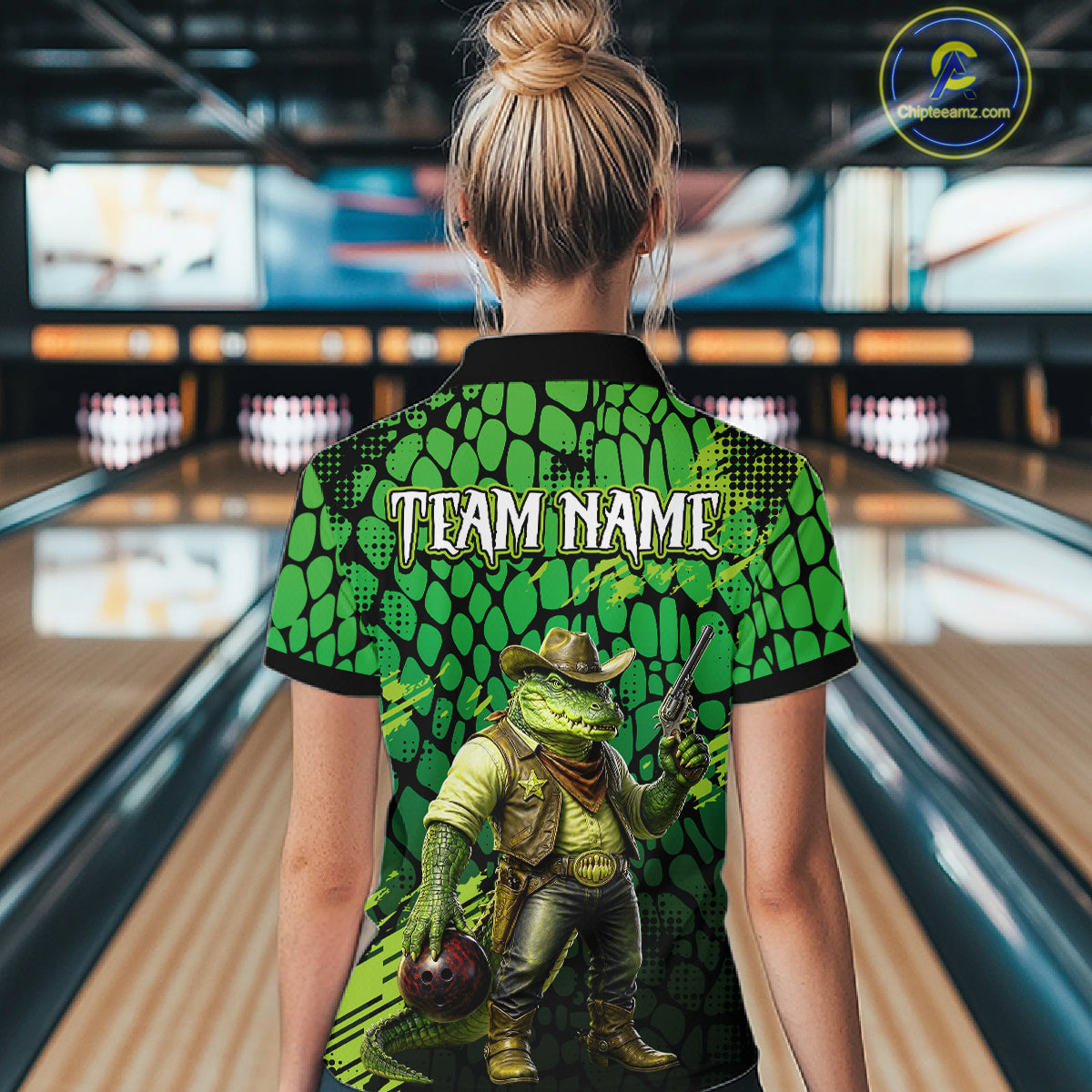 Funny Green Cowboy Alliagator Bowling Shirt for Women Custom Bowling Team Jersey Polo & 1/4-Zip Bowling Outfit QZT1012
