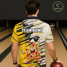Load image into Gallery viewer, Person wearing a bowling-themed shirt with a pizza character and 'TEAM NAME' text, standing on a bowling lane.