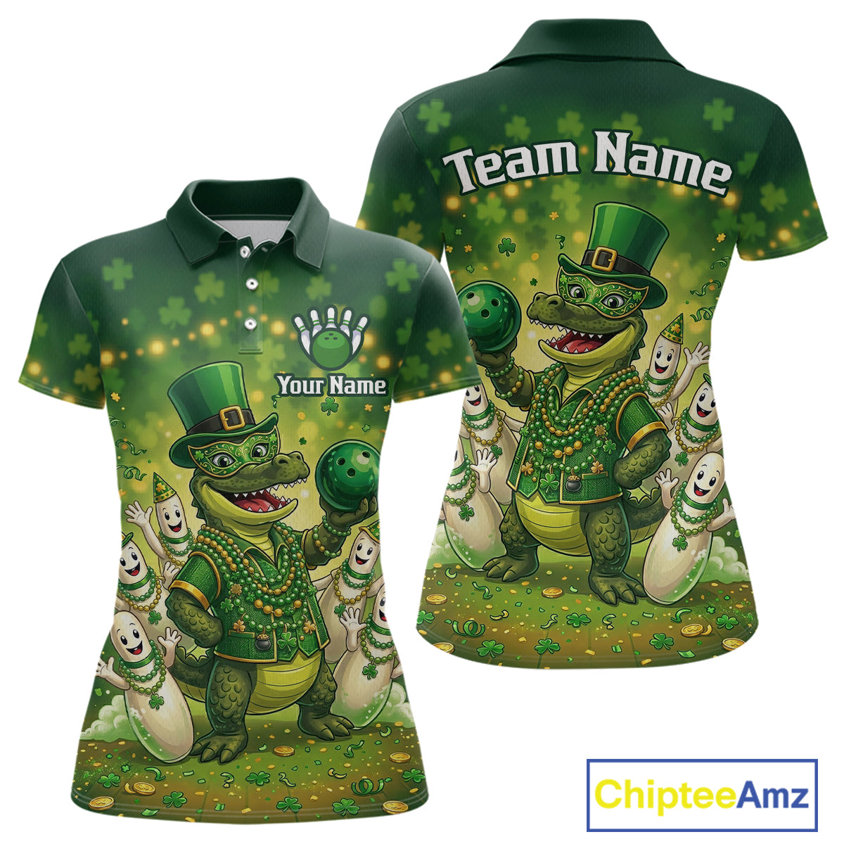 Custom Green Funny Alligator Bowling Shirt Samrock Pattern Bowling St. Patrick's Day for Women QZT935