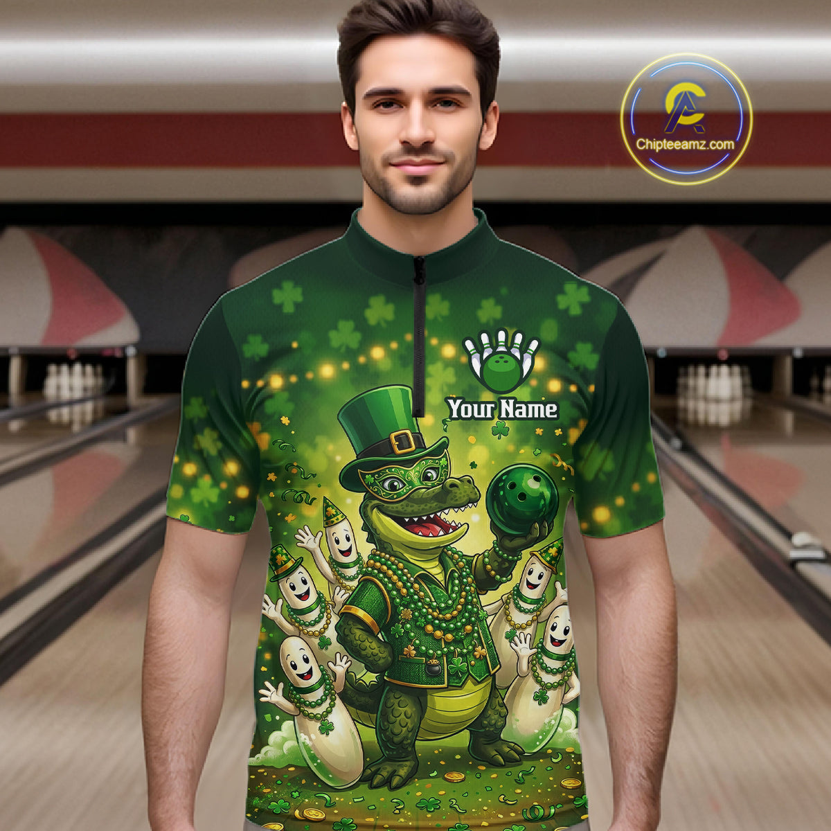 Custom Green Funny Alligator Bowling Shirt Samrock Pattern Bowling St. Patrick's Day for Men QZT935