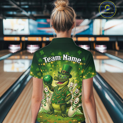 Custom Green Funny Alligator Bowling Shirt Samrock Pattern Bowling St. Patrick's Day for Women QZT935