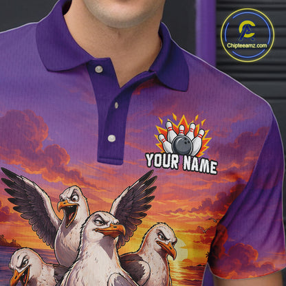 Custom Sunset Funny Gull Team Bowling Shirt for Men Bowling League Jersey Polo & Quarter-Zip QZT1017