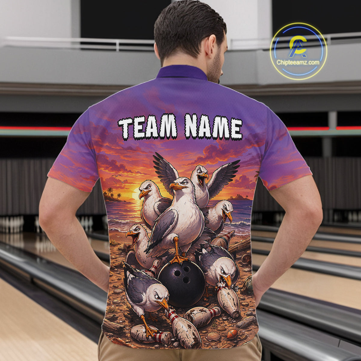 Custom Sunset Funny Gull Team Bowling Shirt for Men Bowling League Jersey Polo & Quarter-Zip QZT1017