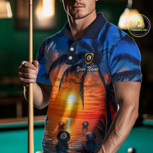 Load image into Gallery viewer, Man wearing a colorful polo shirt with palm trees and pool ball design, holding a pool cue.