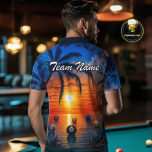 Load image into Gallery viewer, Man wearing a blue shirt with a sunset design and 'Team Name' text, standing in a pool hall.