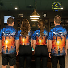 Load image into Gallery viewer, Four people wearing matching blue and orange sports jerseys with 'Team Name' printed on them, standing in a room with a pool table.