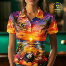 Load image into Gallery viewer, Polo shirt with a tropical design featuring palm trees, sunset, and pool elements.