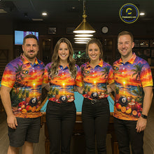 Load image into Gallery viewer, Four people wearing matching tropical sunset billiard shirts in a pool hall.