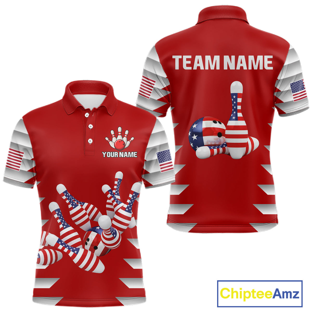 Front and back view custom red patriotic bowling polo shirt featuring American flag bowling pins, bowling ball, stars and stripes design, personalized with team name and player name