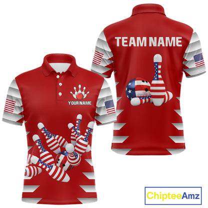 Front and back view custom red patriotic bowling polo shirt featuring American flag bowling pins, bowling ball, stars and stripes design, personalized with team name and player name