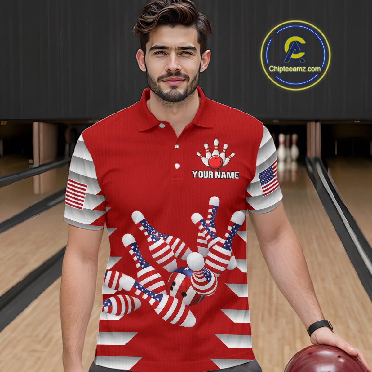 Male model wearing a custom red patriotic bowling polo shirt front view featuring American flag bowling pins, bowling ball and stars and stripes artwork at the bowling alley