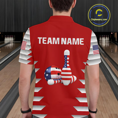 Male model wearing a custom red patriotic bowling polo shirt back view displaying the personalized team name above American flag bowling pins artwork at the bowling alley