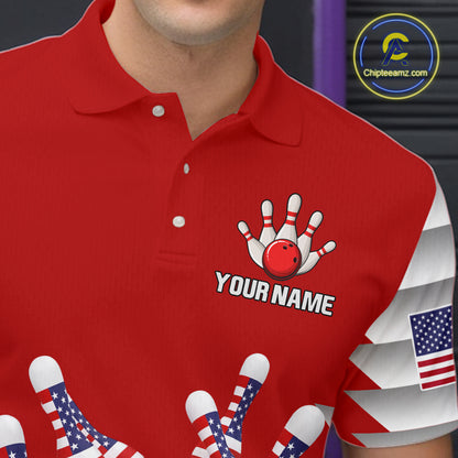 Close-up front view of a custom red patriotic bowling polo shirt showing the personalized player name, American flag bowling pins graphic and stars and stripes design
