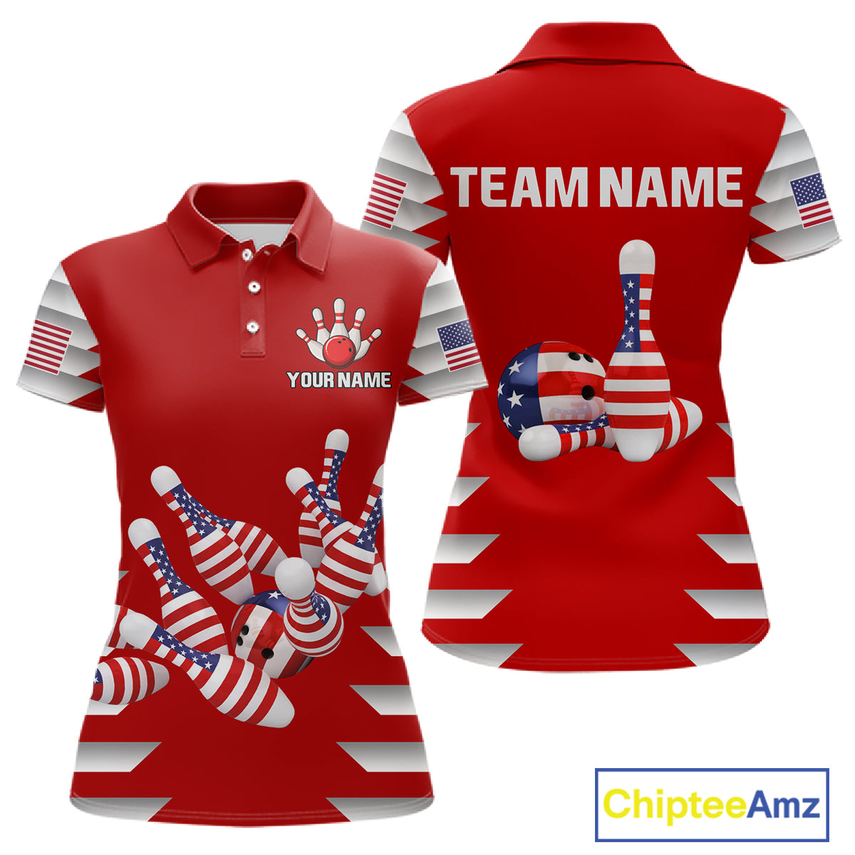 Front and back view custom red patriotic bowling polo shirt featuring American flag bowling pins, bowling ball, stars and stripes design, personalized with team name and player name