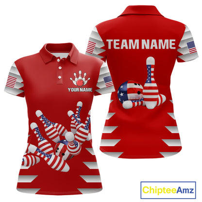 Front and back view custom red patriotic bowling polo shirt featuring American flag bowling pins, bowling ball, stars and stripes design, personalized with team name and player name