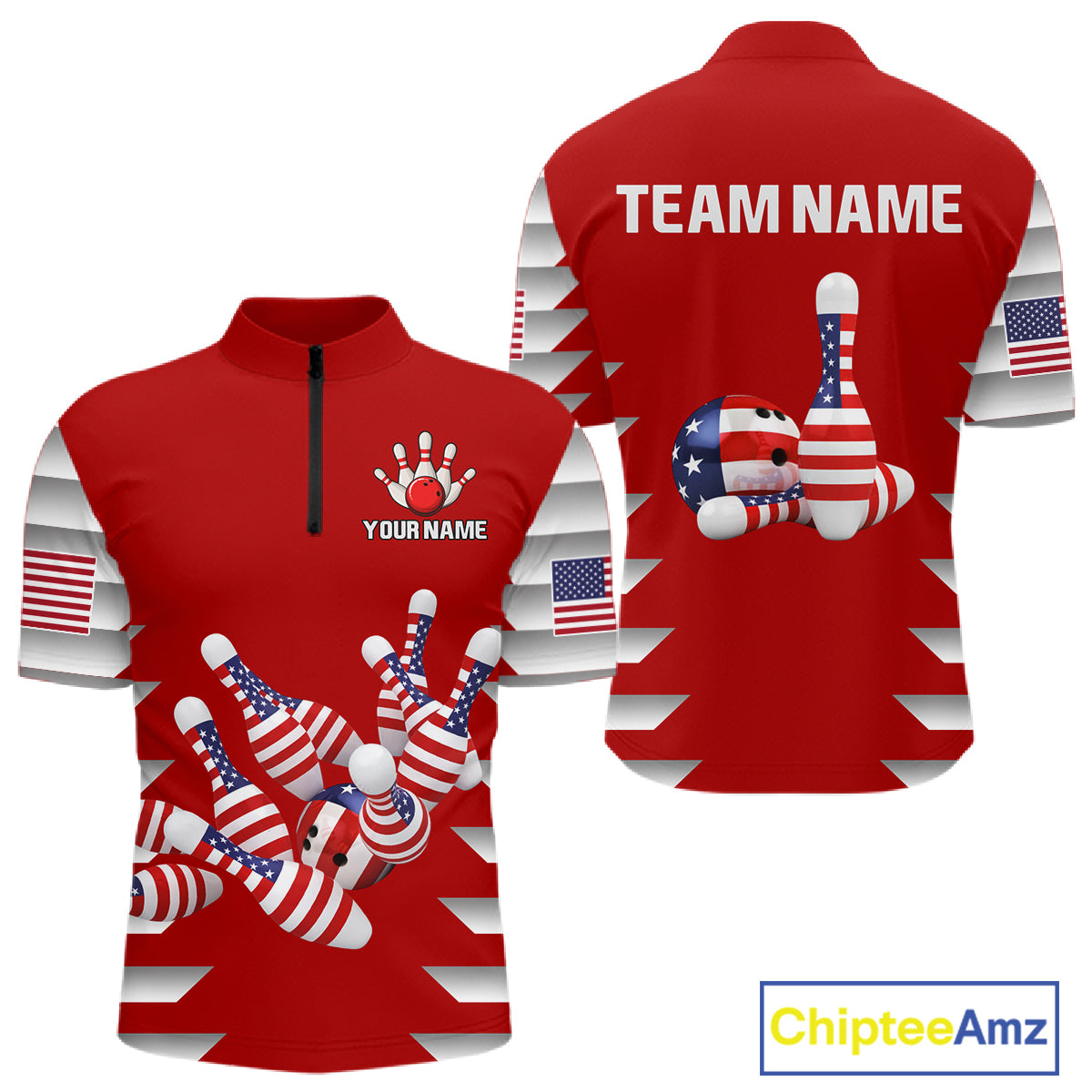 Front and back view custom red patriotic bowling quarter-zip shirt featuring American flag bowling pins, bowling ball, stars and stripes design, personalized with team name and player name