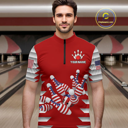 Male model wearing a custom red patriotic bowling quarter-zip shirt front view featuring American flag bowling pins, bowling ball and stars and stripes artwork at the bowling alley