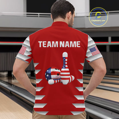Male model wearing a custom red patriotic bowling quarter-zip shirt back view displaying the personalized team name above American flag bowling pins artwork at the bowling alley