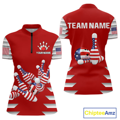Front and back view custom red patriotic bowling quarter-zip shirt featuring American flag bowling pins, bowling ball, stars and stripes design, personalized with team name and player name