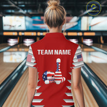 Load image into Gallery viewer, Female model wearing a custom red patriotic bowling polo shirt back view displaying the personalized team name above American flag bowling pins artwork at the bowling alley