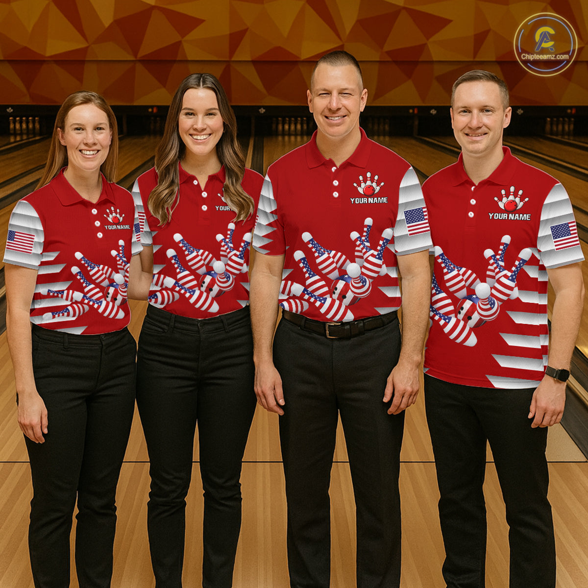 Group of four wearing custom red patriotic bowling shirts front view featuring American flag bowling pins, bowling ball and stars and stripes artwork at the bowling alley