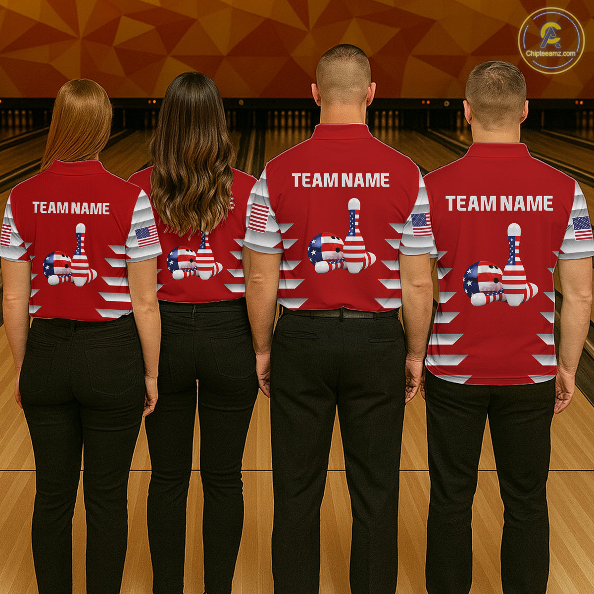 Group of four wearing custom red patriotic bowling shirts back view displaying personalized team names above American flag bowling pins artwork on a red stars and stripes background at the bowling alley