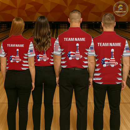 Group of four wearing custom red patriotic bowling shirts back view displaying personalized team names above American flag bowling pins artwork on a red stars and stripes background at the bowling alley