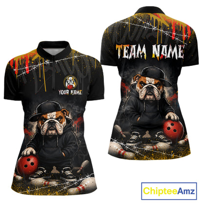 Front and back view custom black bulldog bowling quarter-zip shirt featuring a fierce cartoon mascot, bowling ball, paint drip effect and grunge pattern, displaying Your Name and Team Name