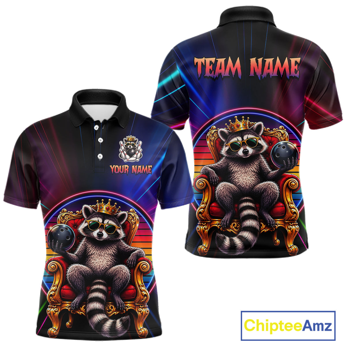 Two views of neon polo shirt with raccoon design and customizable text on a white background