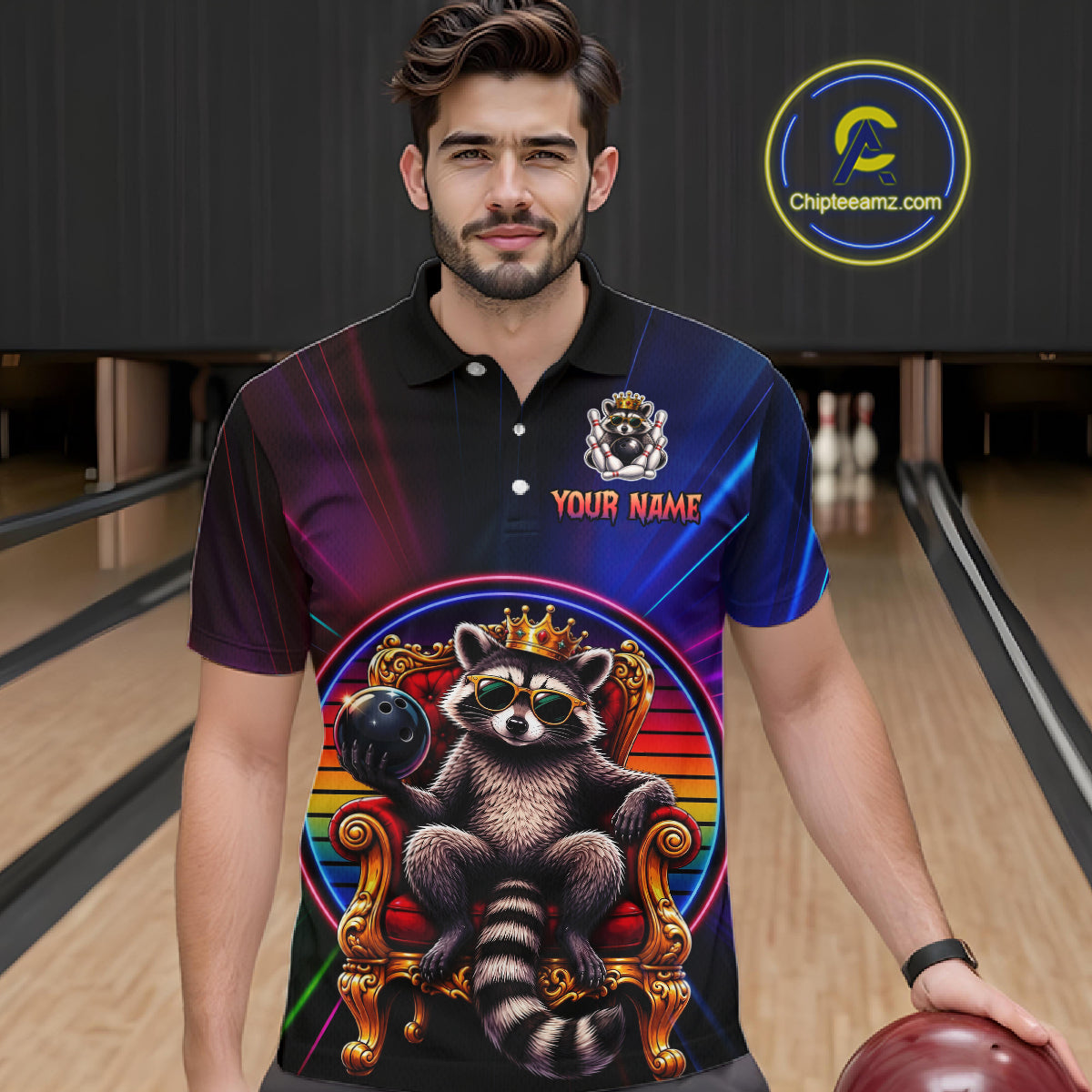 Man wearing a neon polo shirt with a raccoon design in a bowling alley.