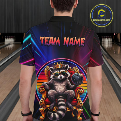 Person wearing a bowling shirt with a raccoon design and 'Team Name' text at a bowling alley.