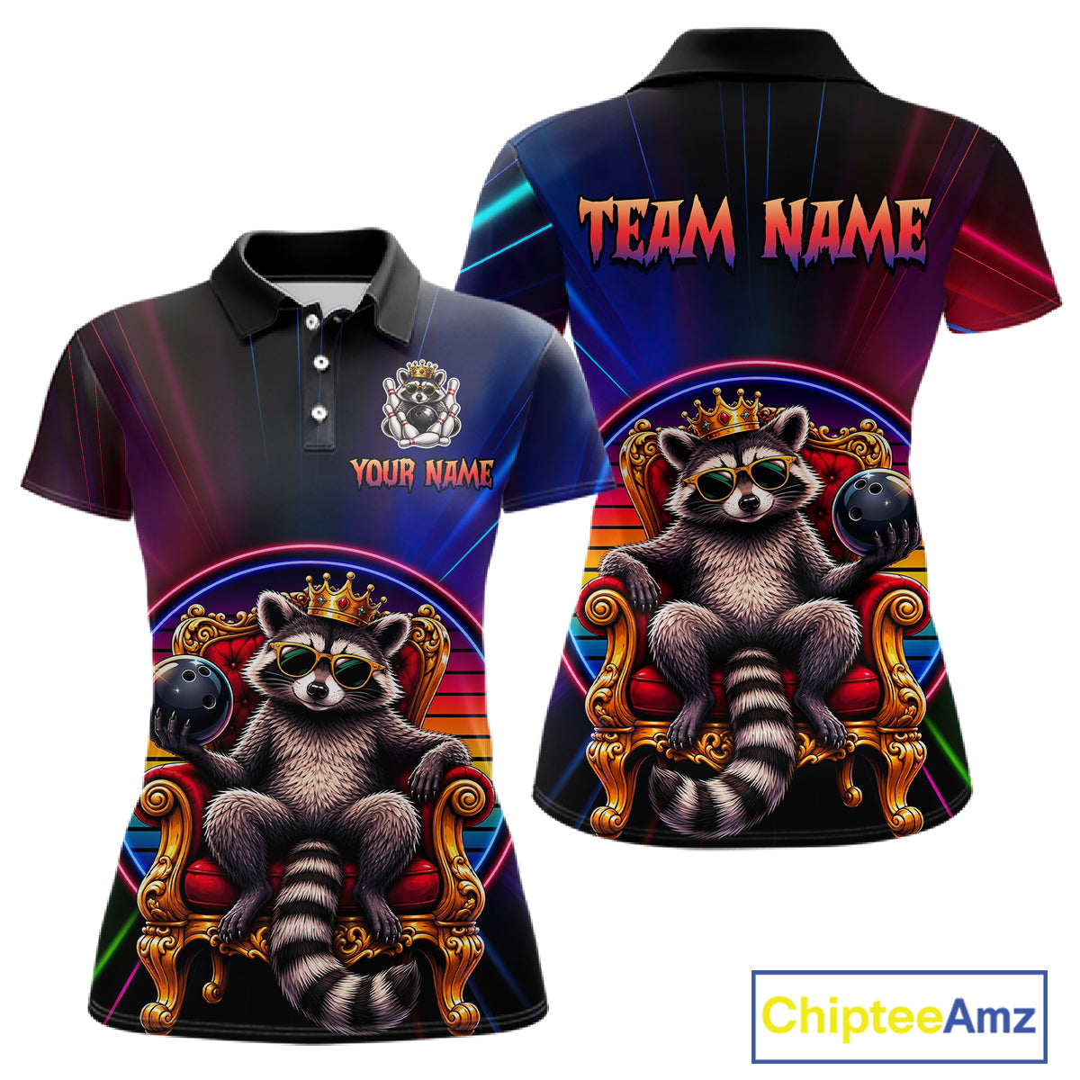 Two views of neon polo shirt with raccoon design and customizable text on a white background
