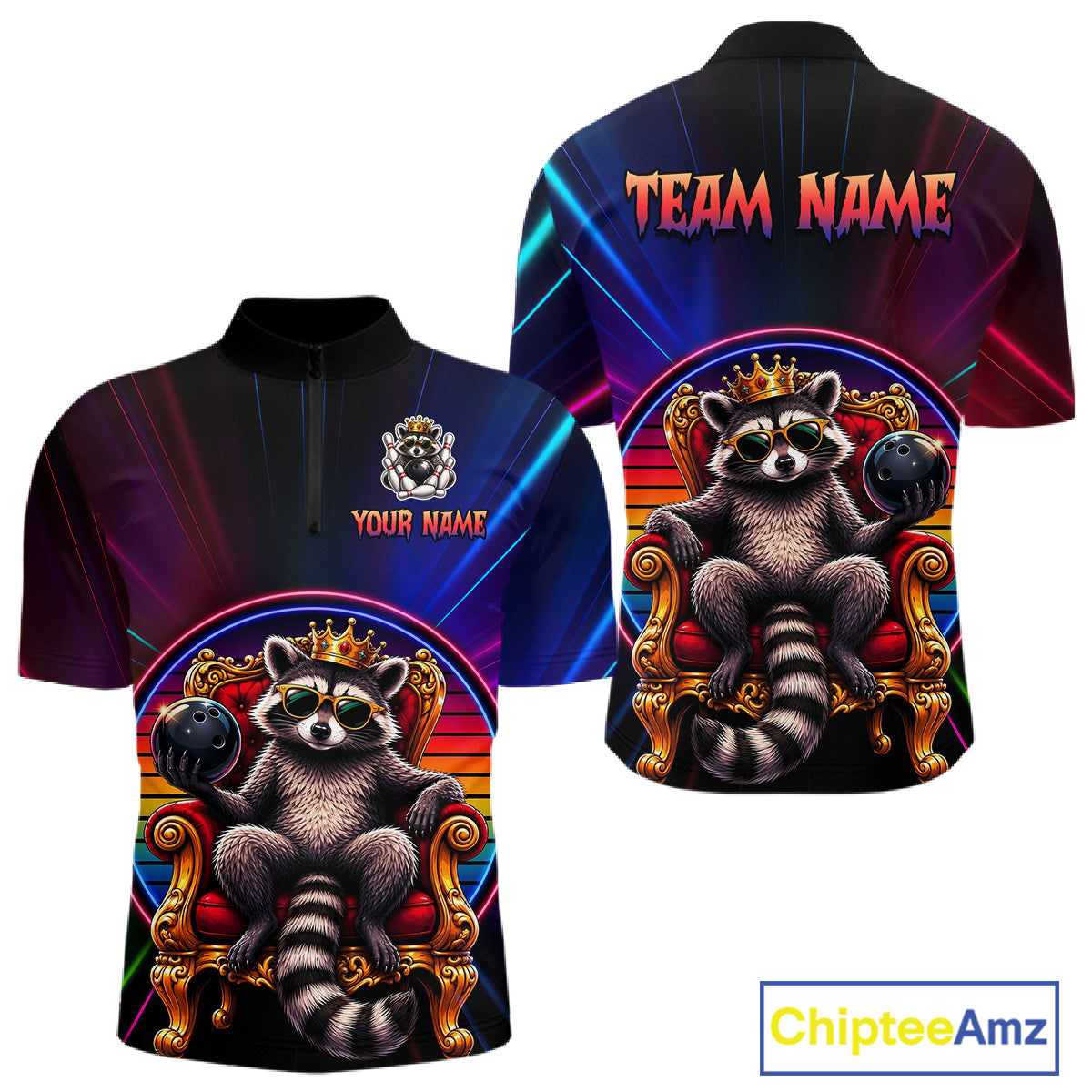 Two views of neon quarter-zip jersey with raccoon design and customizable text on a white background