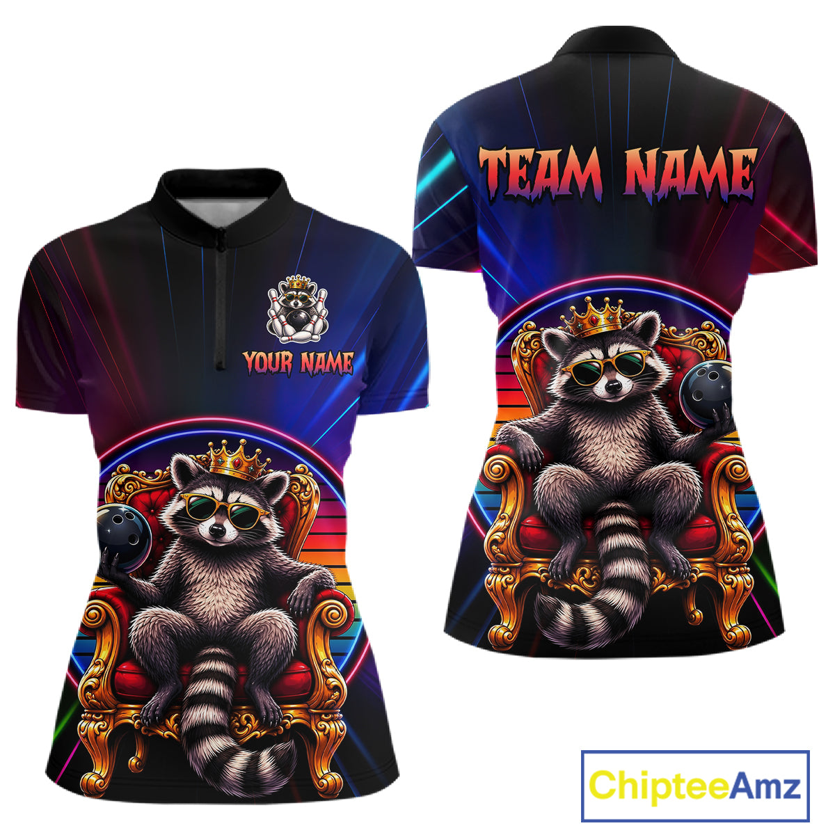 Two views of neon quarter-zip jersey with raccoon design and customizable text on a white background