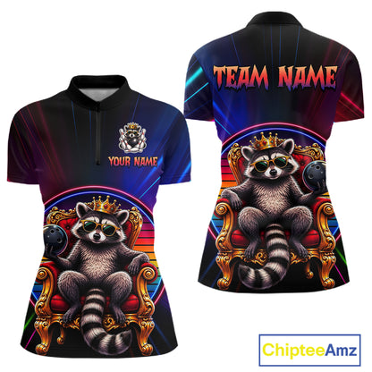 Two views of neon quarter-zip jersey with raccoon design and customizable text on a white background