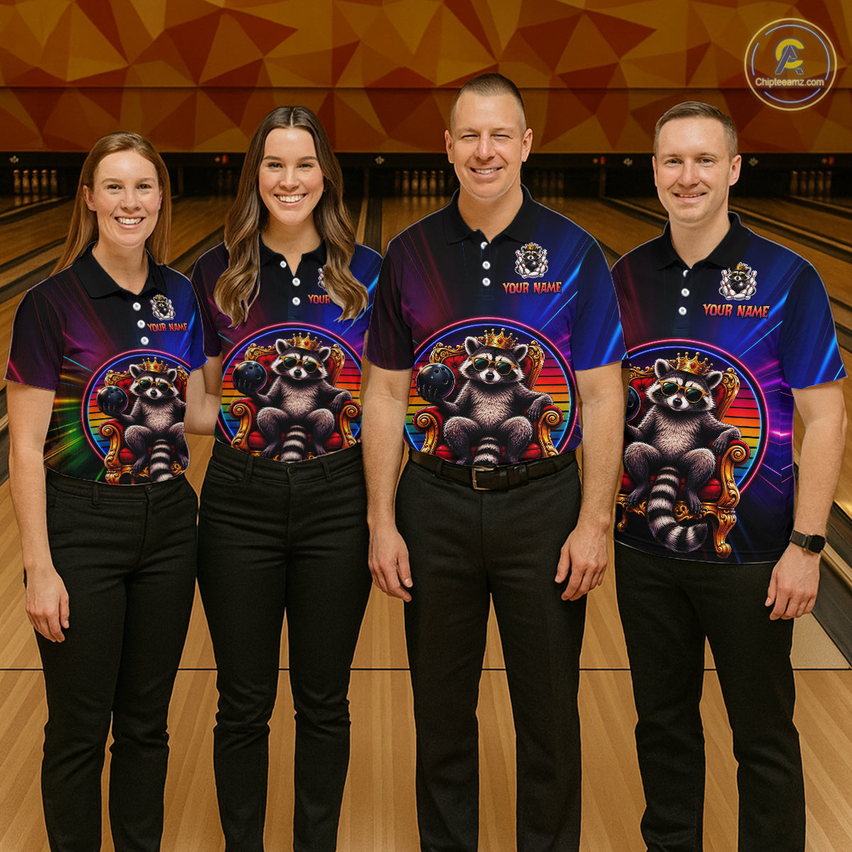 Four people wearing matching neon shirts with a raccoon design in a bowling alley.