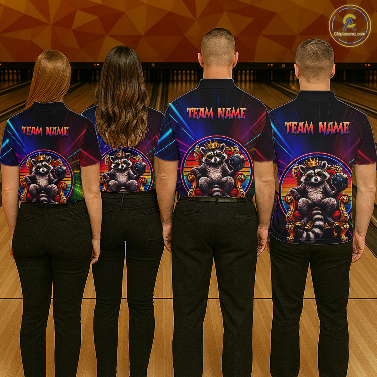 Four people wearing matching shirts with raccoon graphics and 'TEAM NAME' text in a bowling alley.