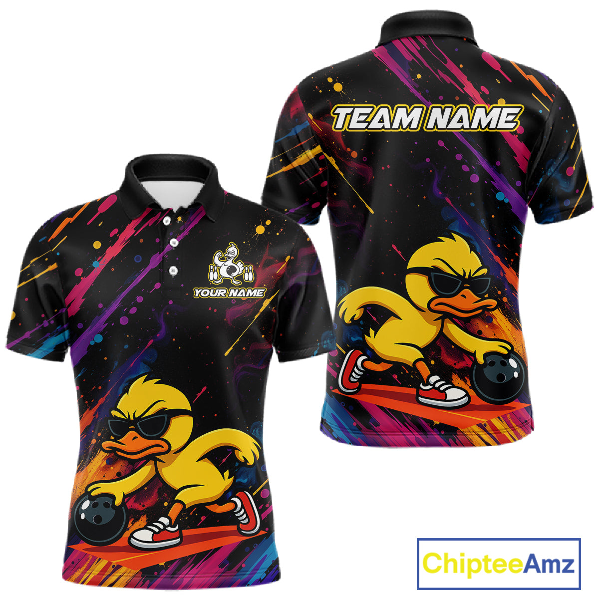 Customizable black short-sleeve polo shirt with a colorful abstract paint splatter design and a cartoon yellow duck wearing sunglasses, shown in front and back views. Features 'TEAM NAME' and 'YOUR NAME' text placeholders.