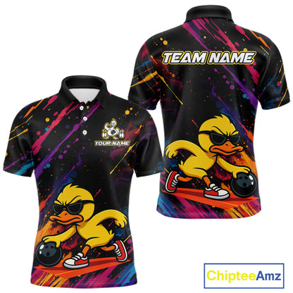 Customizable black short-sleeve polo shirt with a colorful abstract paint splatter design and a cartoon yellow duck wearing sunglasses, shown in front and back views. Features 'TEAM NAME' and 'YOUR NAME' text placeholders.