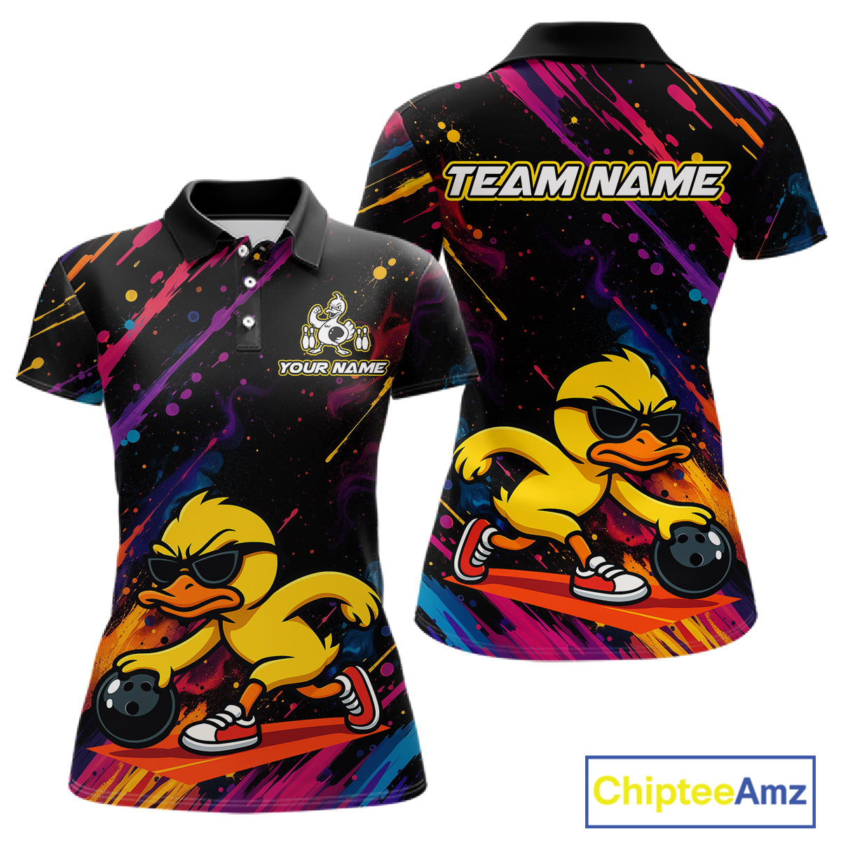 Front and back views of a short-sleeve polo shirt featuring a cartoon yellow duck wearing black sunglasses and red sneakers, set against a black background with colorful paint splatters. The front has a team logo and 'YOUR NAME' text, and the back has 'TEAM NAME' text.