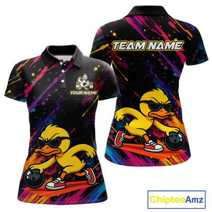 Front and back views of a short-sleeve polo shirt featuring a cartoon yellow duck wearing black sunglasses and red sneakers, set against a black background with colorful paint splatters. The front has a team logo and 'YOUR NAME' text, and the back has 'TEAM NAME' text.